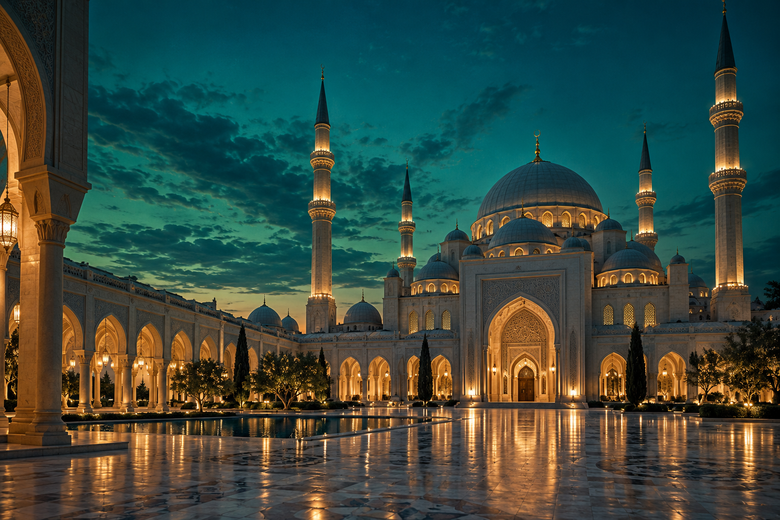 Illustrative mosque with illuminated domes and minarets at dusk