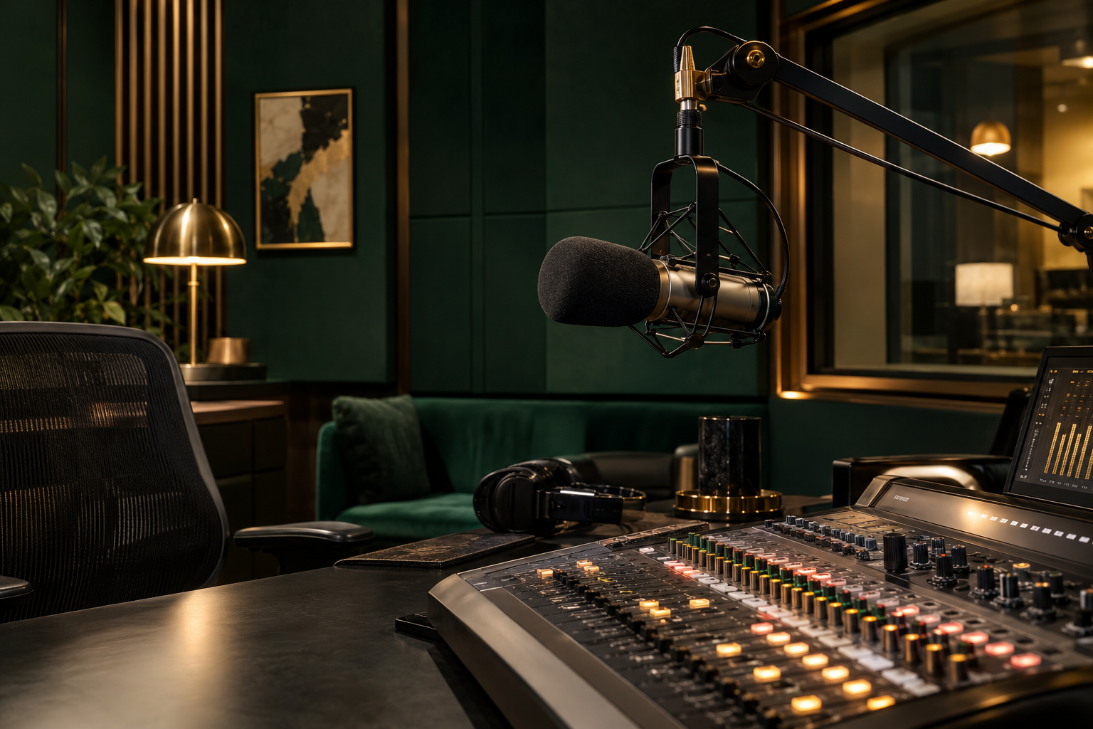 Illustrative professional radio studio with a mixing console, microphone and warm golden lighting
